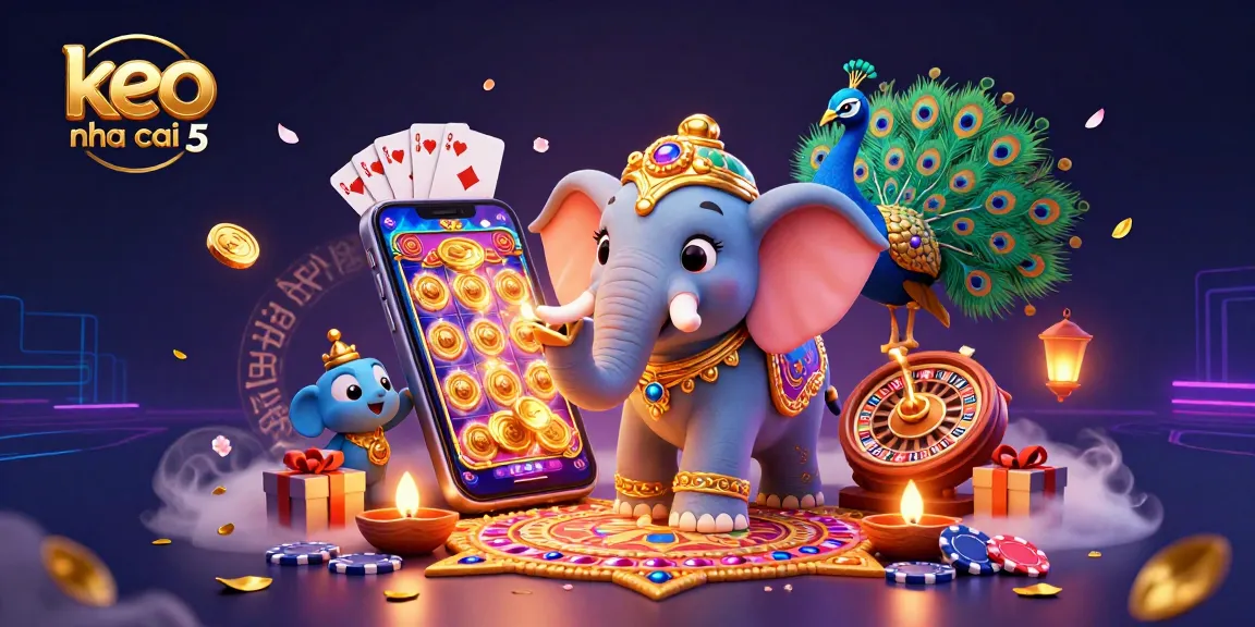 Engage in fun with keo nha cai 5 featuring colorful slot games and festive elements in a vibrant 3D illustration.