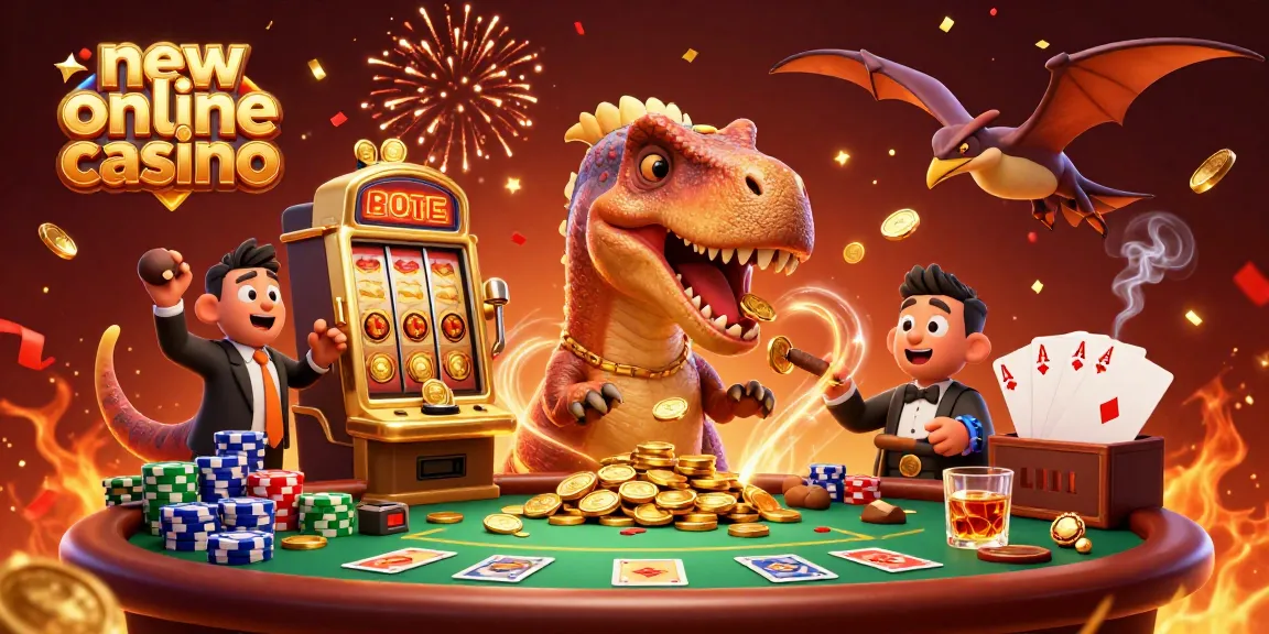 Experience the excitement of a new online casino as a cartoon dinosaur interacts with games and jackpots.
