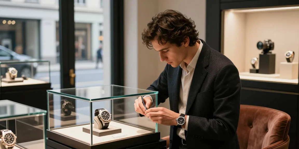 Enthusiast examining super clone watches in a luxury boutique, showcasing premium quality and elegant designs.