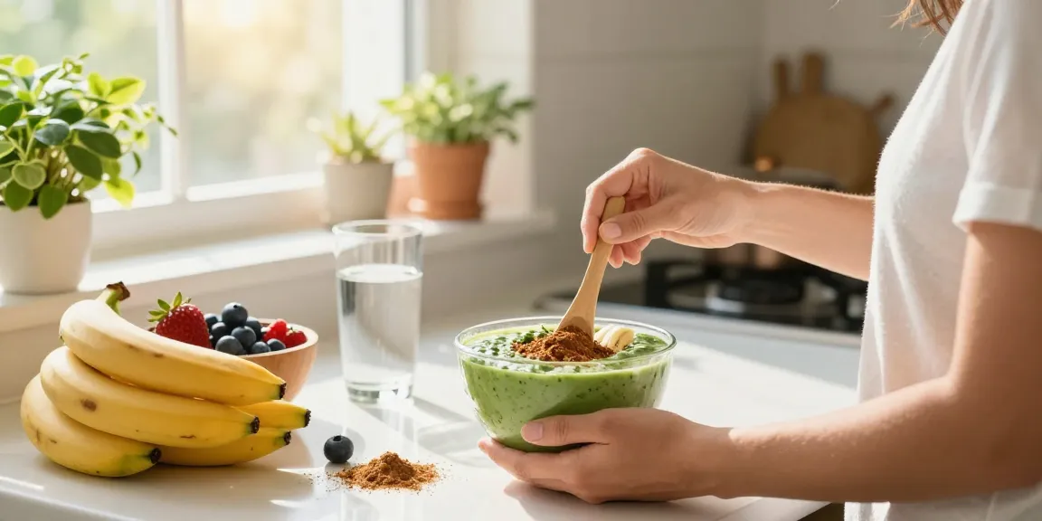 Happy Go Leafy green vietnam kratom being mixed into a smoothie bowl, showcasing a healthy lifestyle.