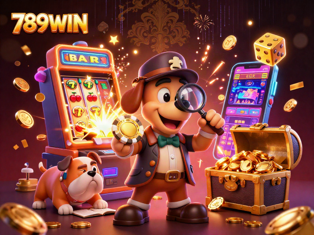 Win big with 789WIN at the casino, featuring a detective discovering jackpots and treasures.