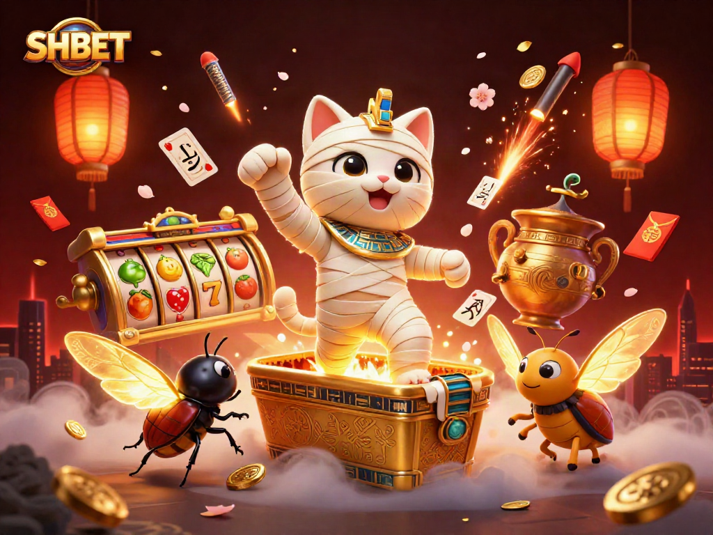 Experience SHBET's thrilling slot games with Egyptian symbols and treasure in vibrant 3D.