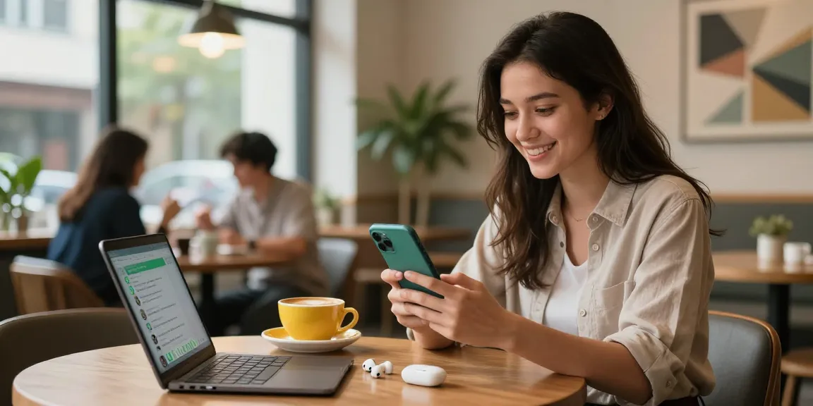 Mobile user engaged in WhatsApp下載 at a cozy cafe with tech gadgets and warm ambiance.