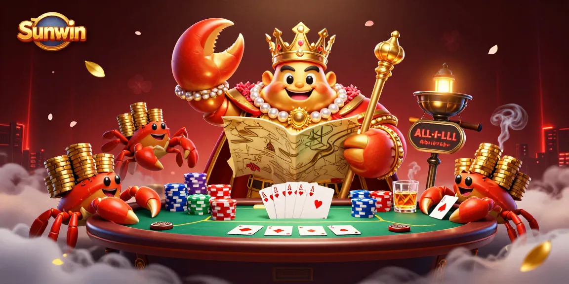 Experience the thrill of Sunwin's gaming kingdom with a golden crab emperor and vibrant poker ambiance.