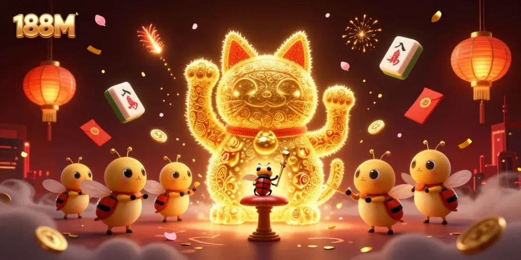 188M players engage with the lucky cat symbol amid vibrant casino elements for a captivating experience.