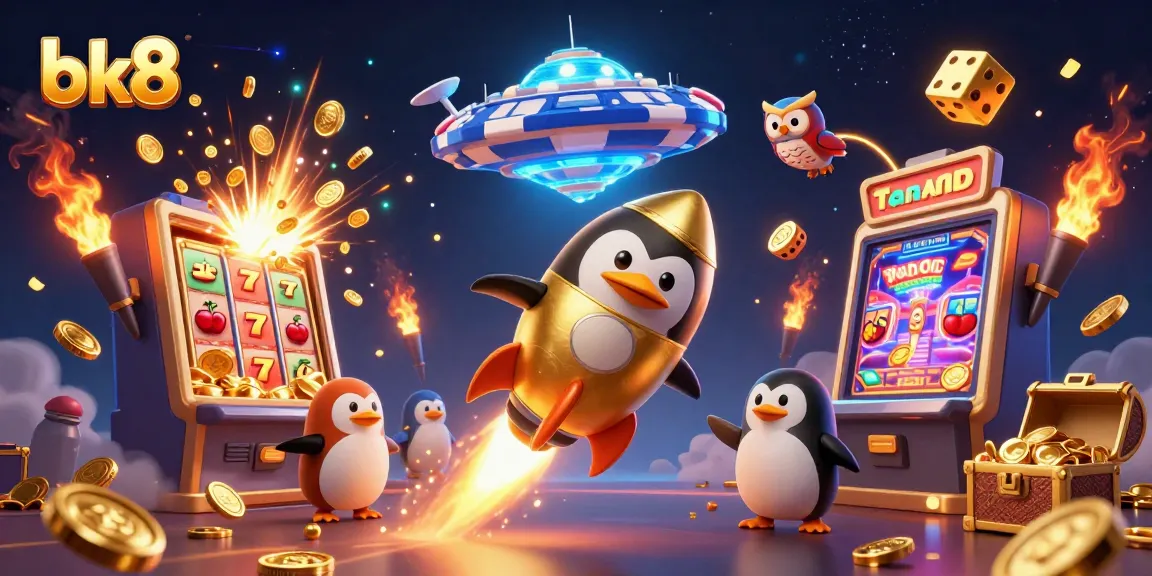 Experience the thrill of bk8 with a 3D cartoon penguin soaring through a casino-themed universe.